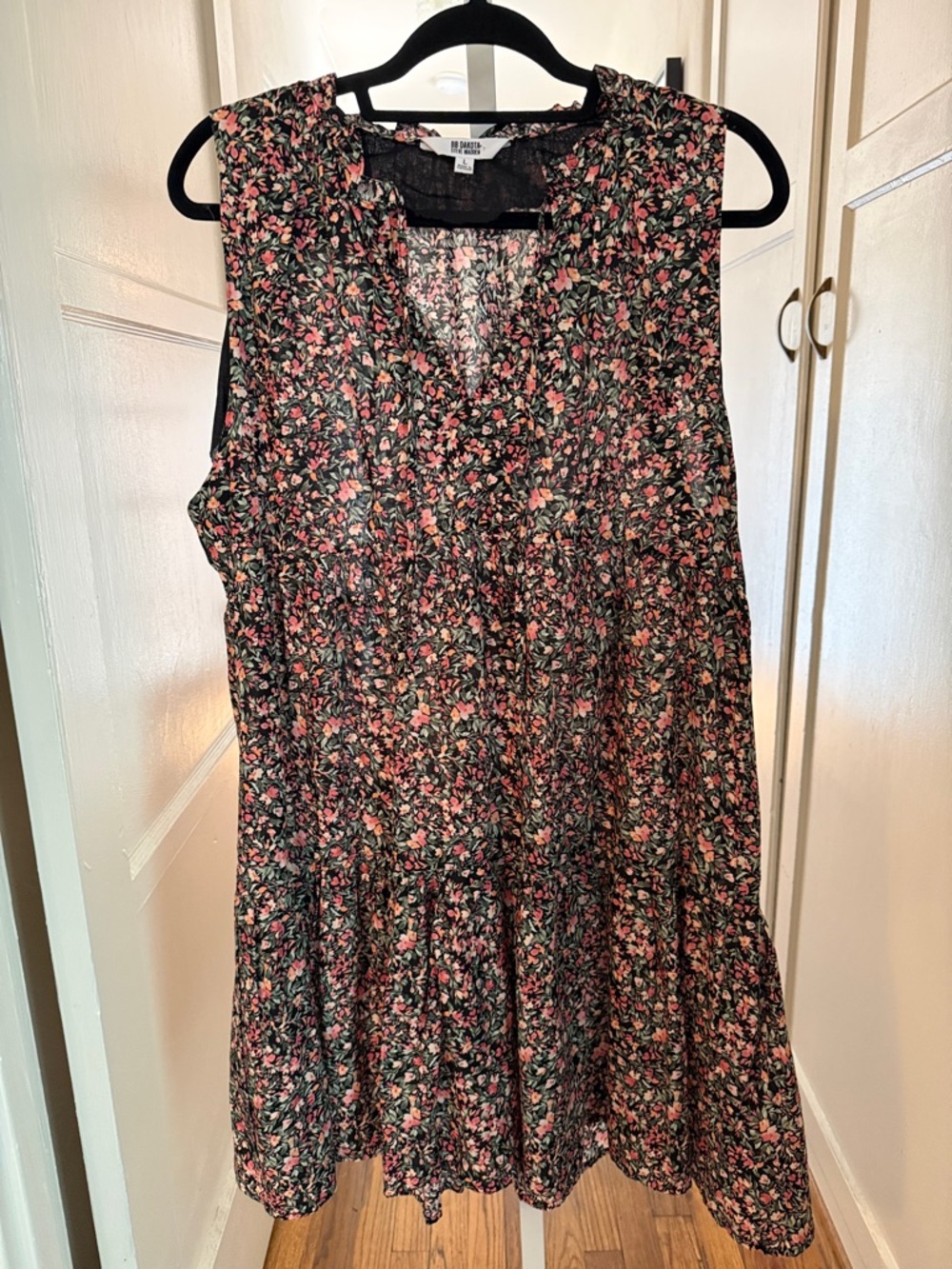 BB Dakota Black Floral Tiered Sleeveless Dress with Pink & Green Accents